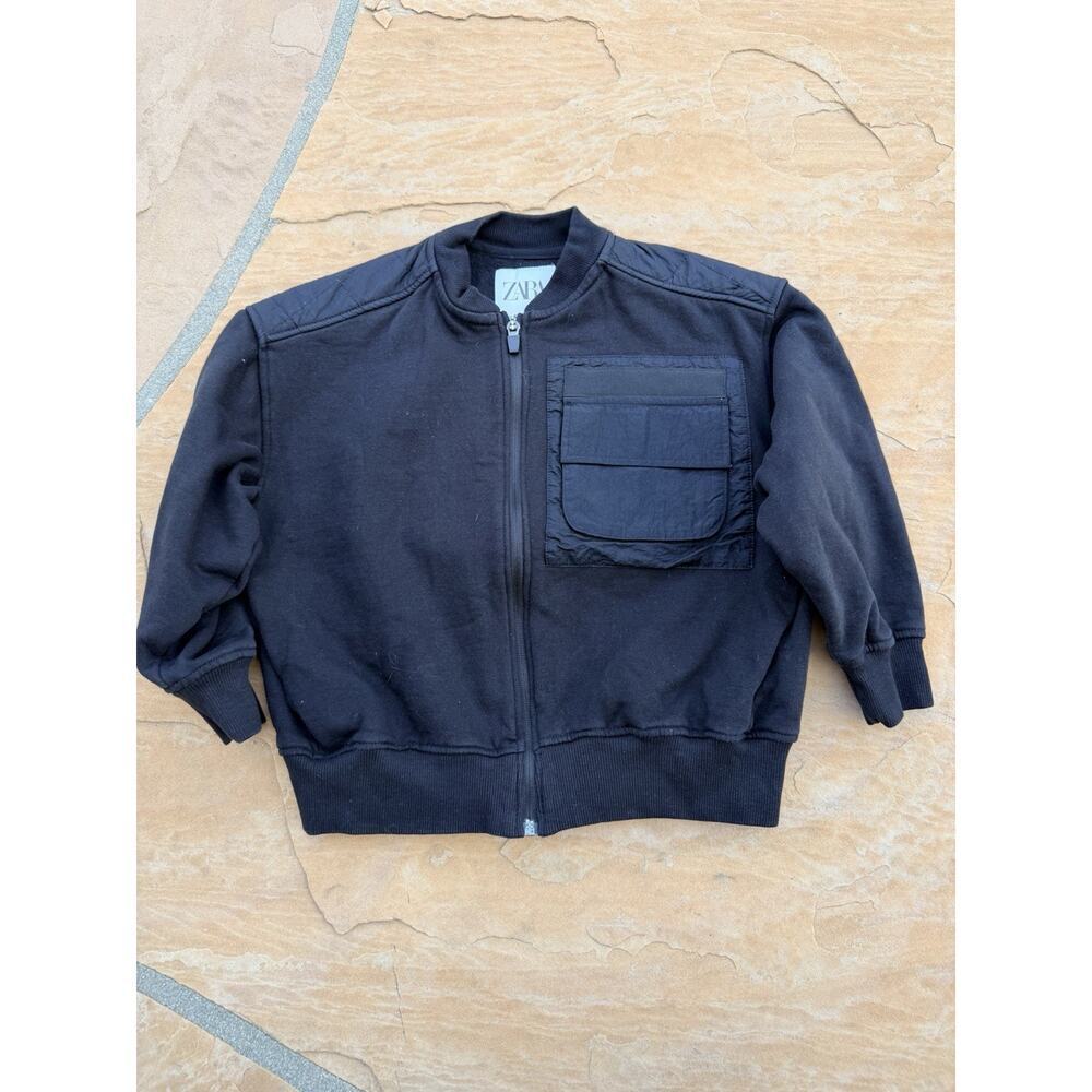 ZARA Kids Black Bomber Jacket 6-7 Black Zip Pocket Lined Classic Edgy